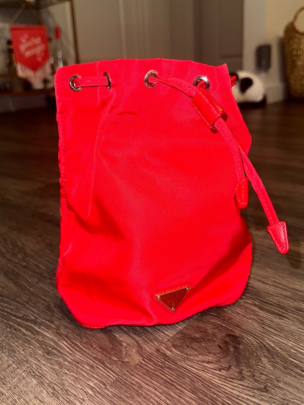 Prada Red Nylon Drawstring Mini Bucket Bag